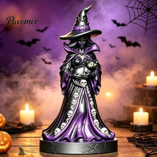 Resin Witch Sculpture for Shelf Display Halloween Figurine, Gothic with Black Cat Ornament, Dark Detailed Ornament Fantasy Tabletop Statue Home
