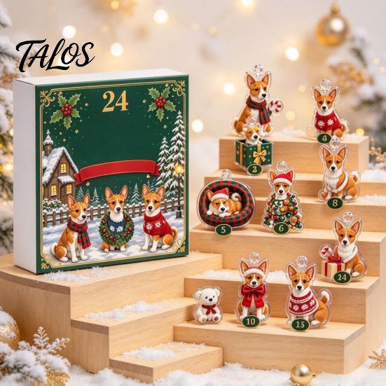 Charming Holiday Crafts Christmas Corgi Advent Calendar with 24 2D Flat Acrylic Dog Ornaments, Countdown Box Decorative Gift Cute Puppy Hanging