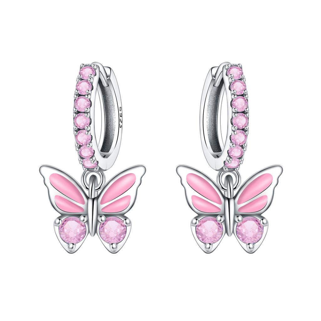 Original 925 Silver Zircon Pink Paw Print Earrings Heart Flower Leaf Design Women Party Jewelry Gift Ear Loops