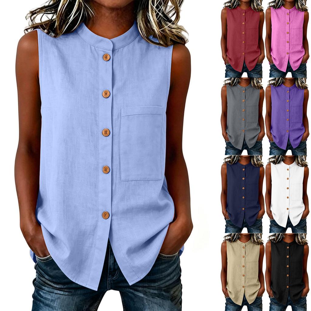 Women's Stand Collar Sleeveless Blouse, Button Pocket Casual Top, Lightweight Summer Shirt