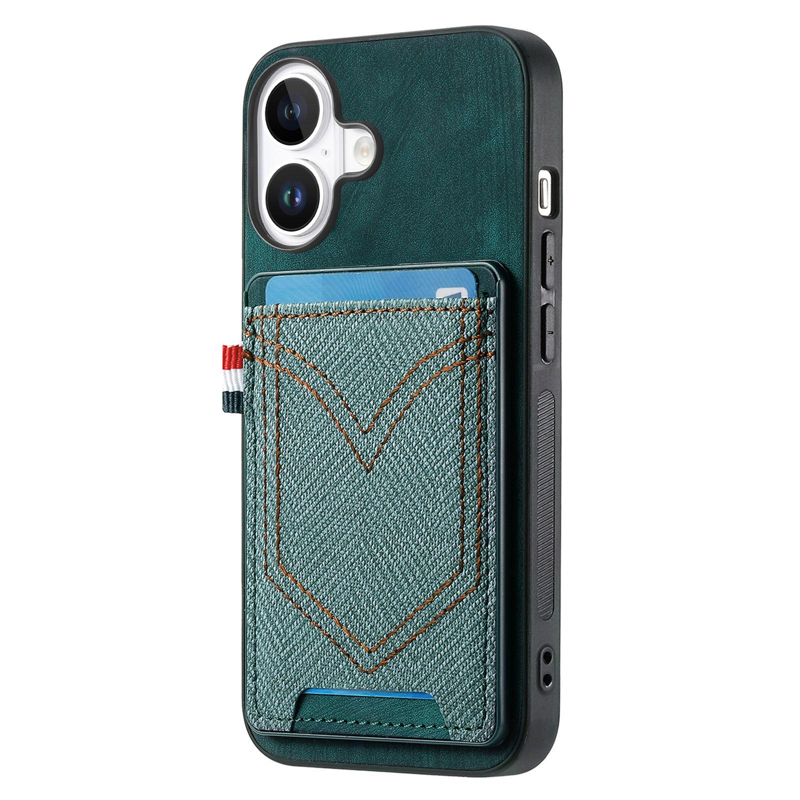 

For iPhone 16 Plus Phone Case Retro Jean Cloth Texture Leather TPU Card Holder Green