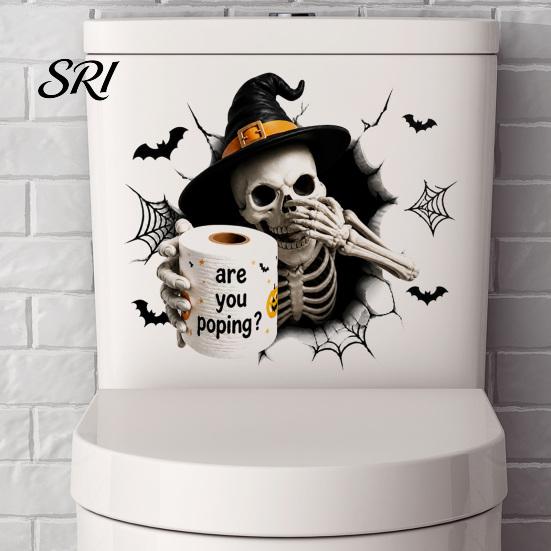 Autocollants de Couvercle de Siège de Toilette Halloween Accents de Maison Salle de Bain, Décor Festif Fantôme Squelette Fissure 3D Effrayante pour Invités Autocollants de Couvercle de Réservoir, Imperméable