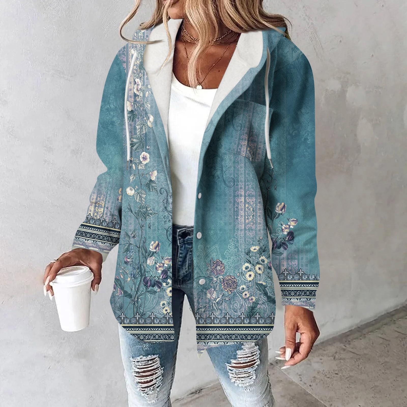 Толстовки женские зимние теплые толстовки на пуговицах с капюшоном и завязками на шнурке с принтом куртка пальто XXXL светло-синий