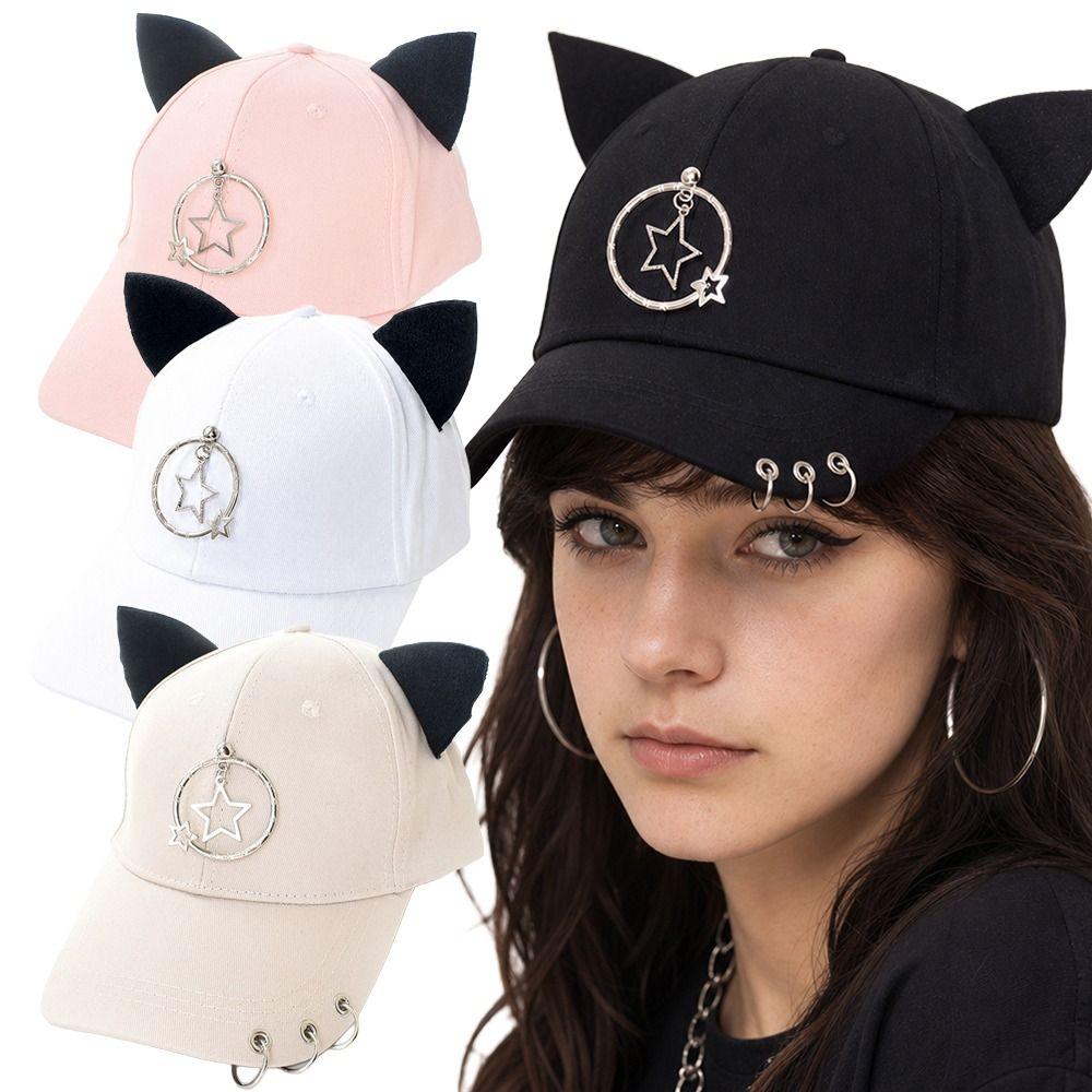 Metal Rings Hip Hop Cap Cat Ear Sunscreen Hat Creative Baseball Caps  Four Seasons
