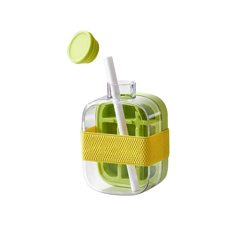 Ice Cube Bottle With Straw, 2-in-1 Touch-Free Ice Cube Tray Water Bottle, Leakproof Silicone Ice Mold For Freezer, Coffee, Juice