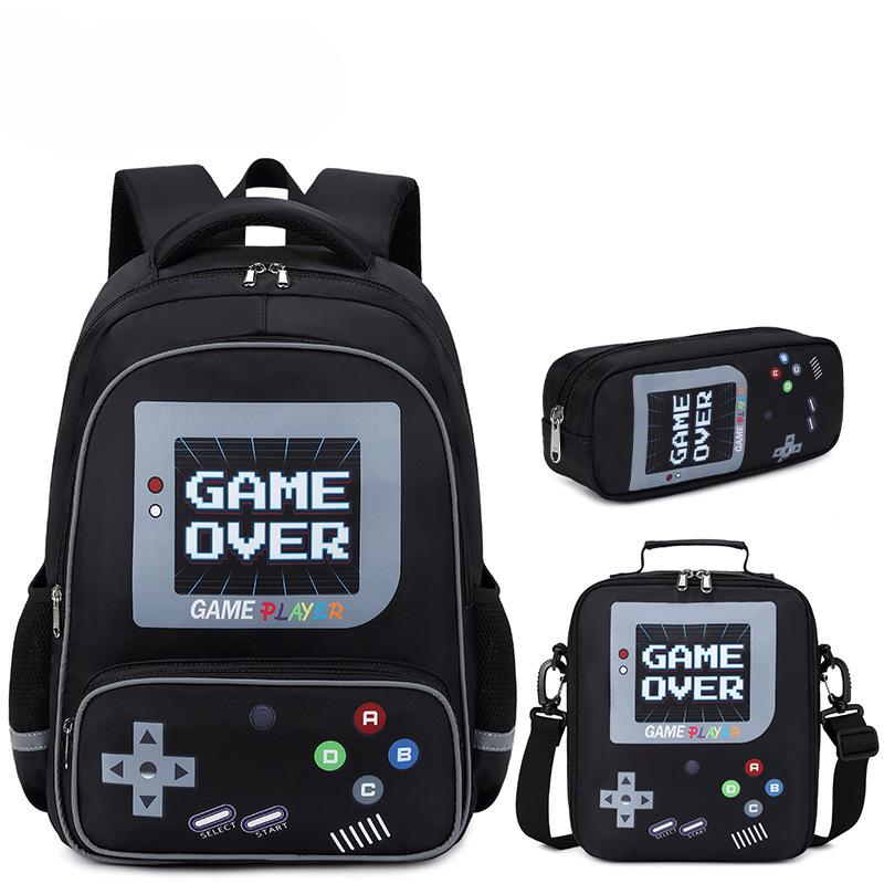 Three-piece Set of Primary School Student Backpack and Game Console with Zipper Lightweight Load-reducing and Spine-protecting Backpack