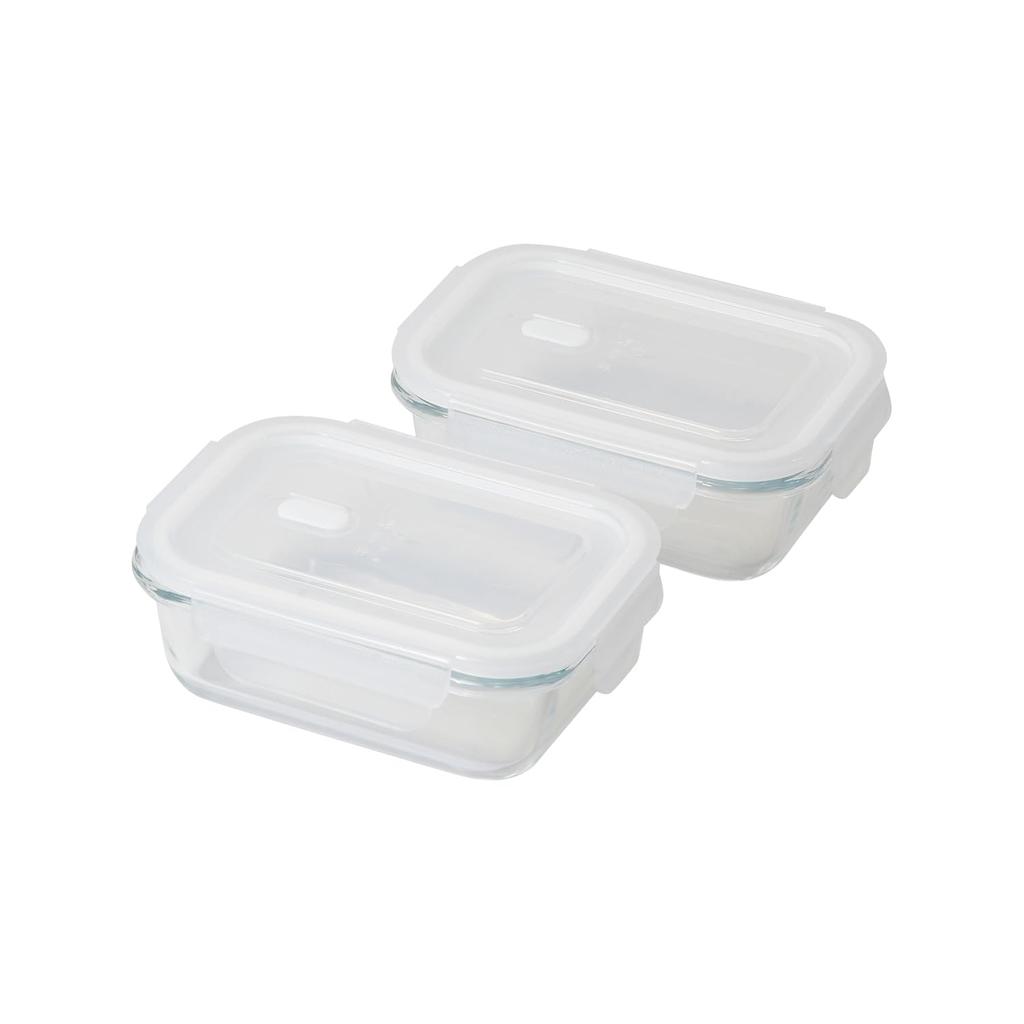 Pearl Metal Heat-Resistant Glass Rectangular Food Storage Containers, 380ml, Set of 2, with Lids and Steam Valves, Microwave, Dishwasher, and Freezer
