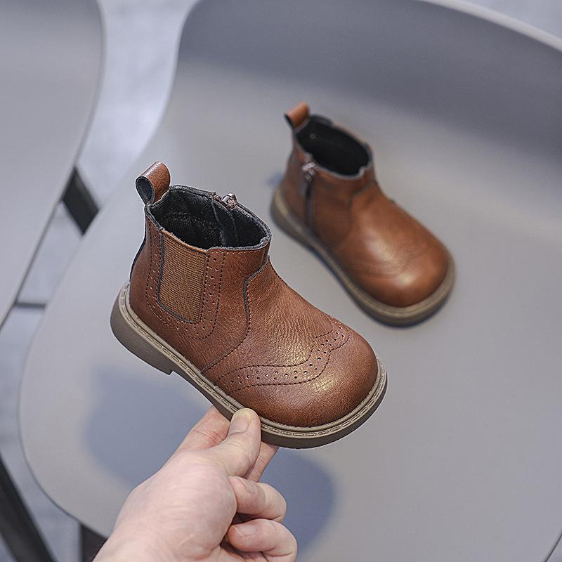 Vintage Style Children Genuine Leather Boots Autumn Fall Kids Ankle Boots Toddler Little Boys Girls Short Boots Brown, Black