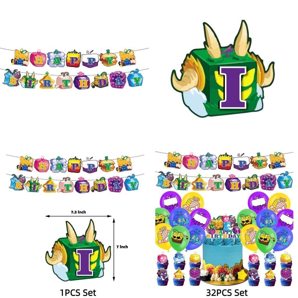 Blox Fruits Cartoon Theme Birthday Party Decorations Set Flags Balloons Cake Toppers
