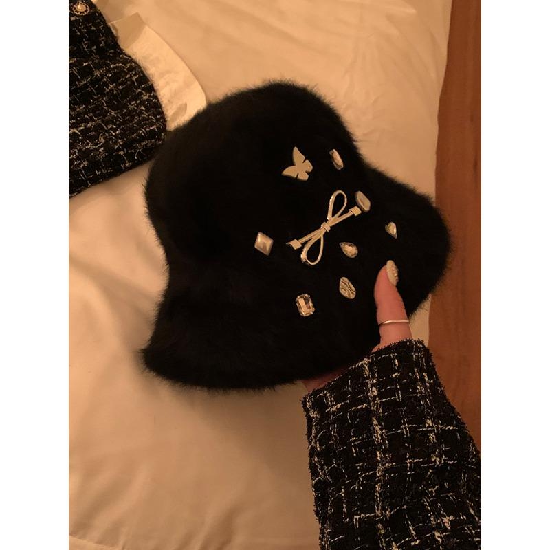 

Korean Drama Heroine Furry Basin Hat Rhinestone Bow Plush Bucket Fisherman Hat Women Winter Small Face M（56-58cm）