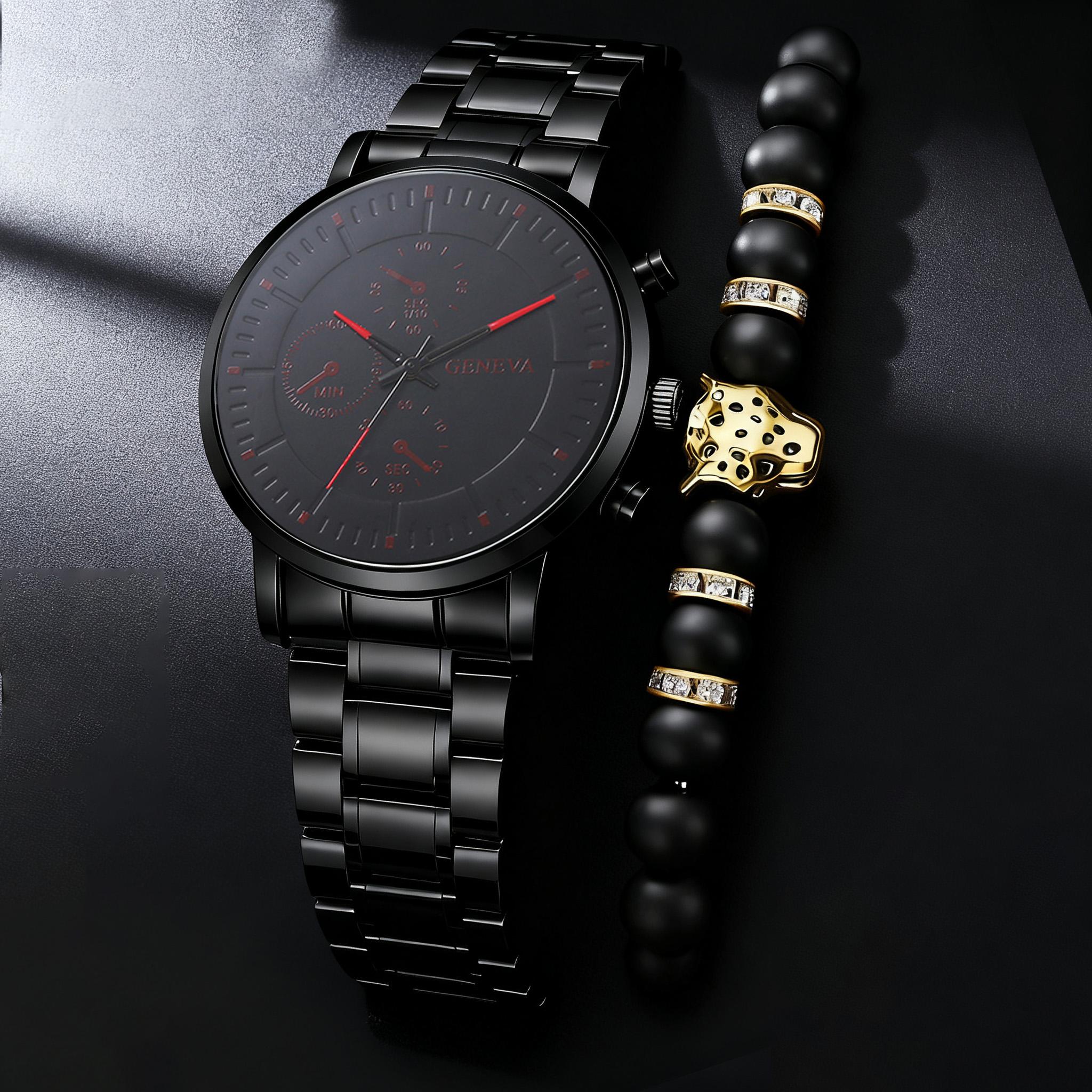 

Fashion business Alloy Material Men s quartz watch and bracelet set, suitable for daily wear, Christmas gift чорний