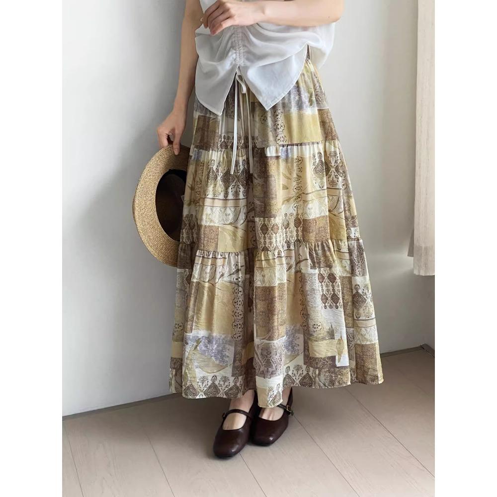 Dimanaf 2025 Summer Women Linen New Skirts Flower Vintage Elastic Pleated Elegant Skirts High Waist