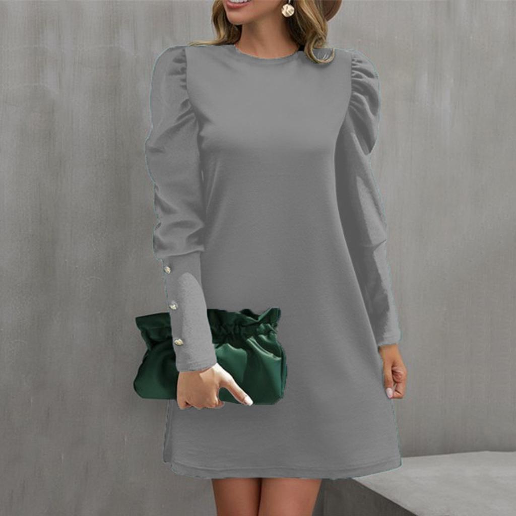 Women's Fashion Casual Solid Color Round Neck Bubble Sleeve Button Long Sleeve Dress