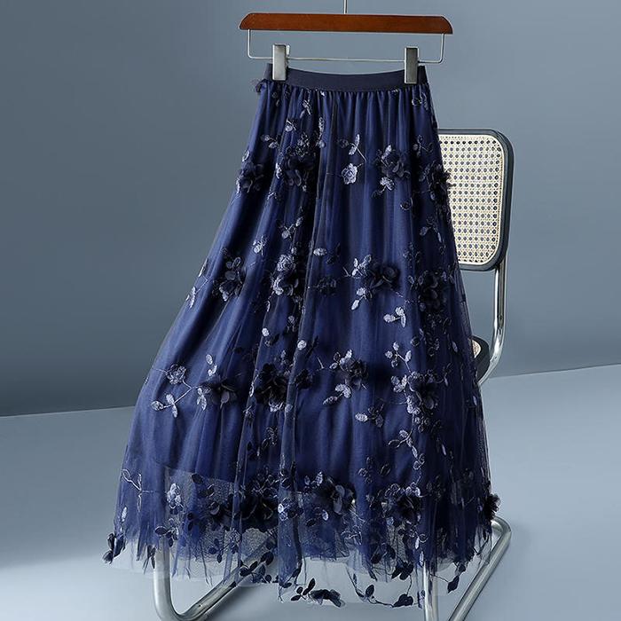 Women Spring Fall High Waist All Match Two Layer 3d Flower Mesh A Line Skirt