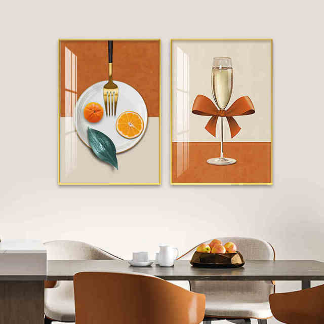Solid Wood Frame Abstract Wine Glass Orange Fork Plate Bow Restaurant Tableware Canvas Painting for Living Room Restaurant Decoration