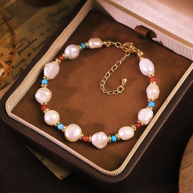 Natural Freshwater Pearl Turquoise Agate Beaded Bracelet for Women Daily Office Banquet Vintage Pearl Bracelet Bohemian Jewelry