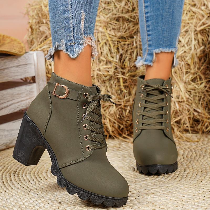 

Plus Size Fashion Lace-Up Front Buckle Booties Women s Round Toe Platform Non-Slip Block Heels 42 армія зелений колір