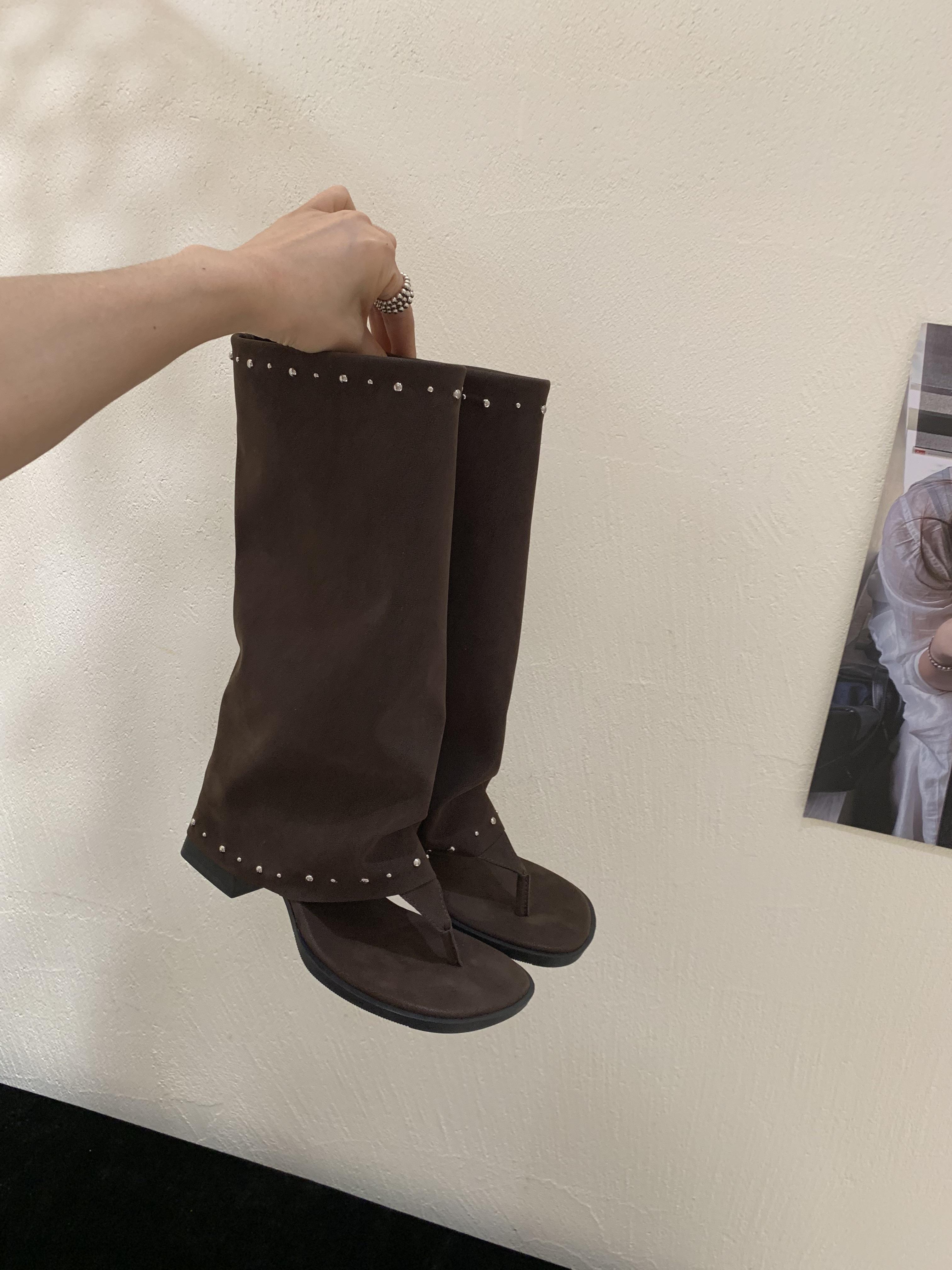 

Black Brown Clip-toe boots rivets boho retro suede pleated piles of trouser boots Summer High Heel Shoes Female Pumps 35