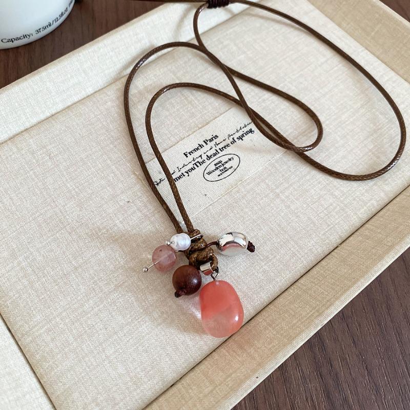 Wax Rope Stone Wood Beaded Pendant Stretchable Necklace Ethnic Style Item Decoration Personality Niche Design Sweater Chain
