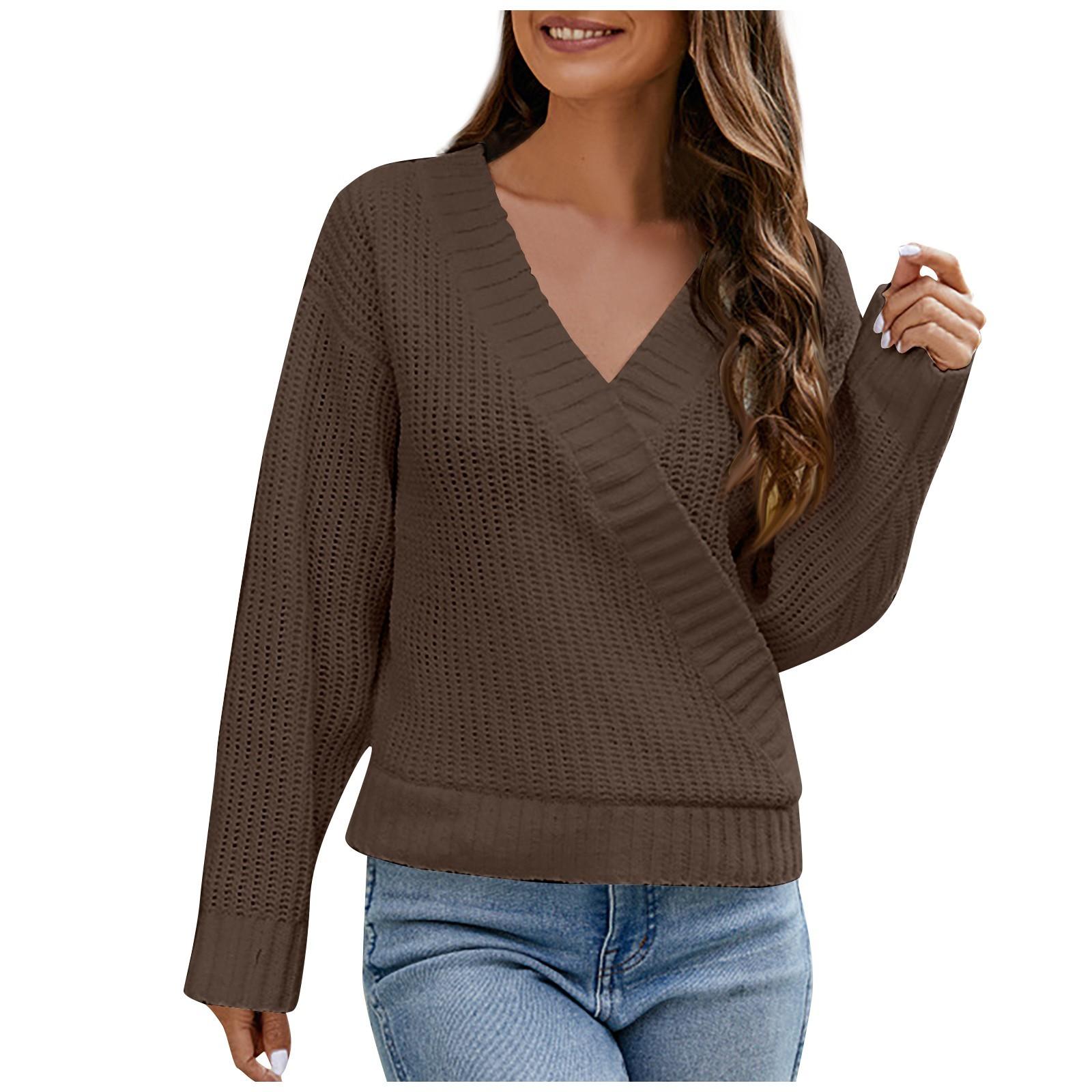 Женская мода, повседневный однотонный вязаный топ с v-образным вырезом и длинными рукавами, с v-образным вырезом и крестиком L коричневый