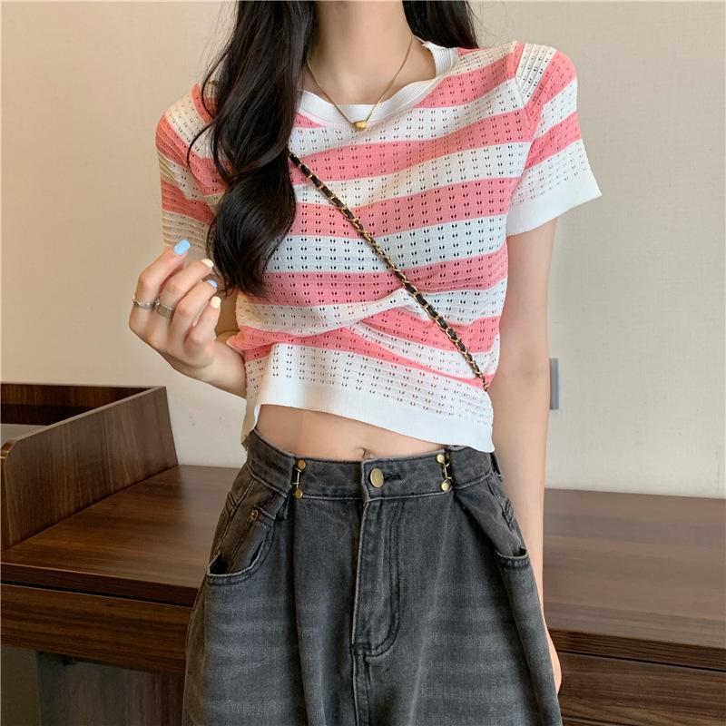 Black and White Striped Knitted Short-sleeved T-shirt Female Summer New Loose Korean Version Thin Round Neck Student Top