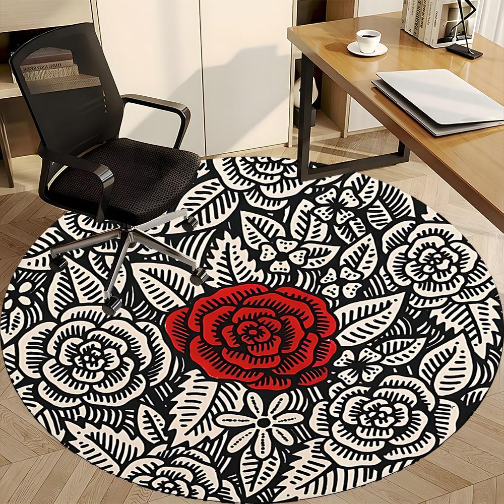 1pc Floral Rose Office Round Area Rug, Indoor Mat Suitable For Office, Under Office Chairs Bedroom Living Room Home Decor, Room Deco