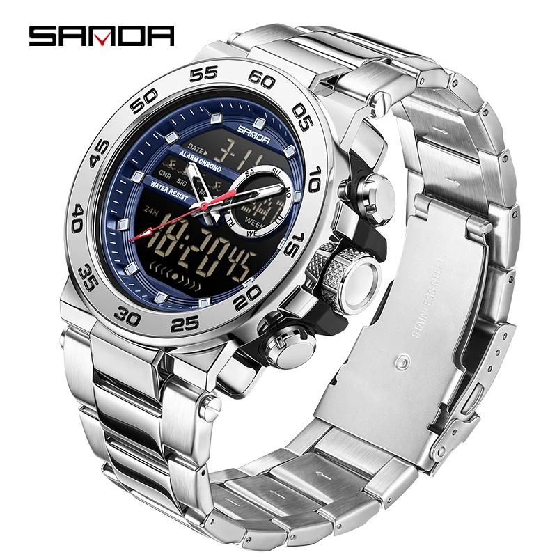 SANDA Fashionable Waterproof  Men's Electronic Watch Sports Multifunctional Large Dial Three Pin Double Display Men's Wrist Watc