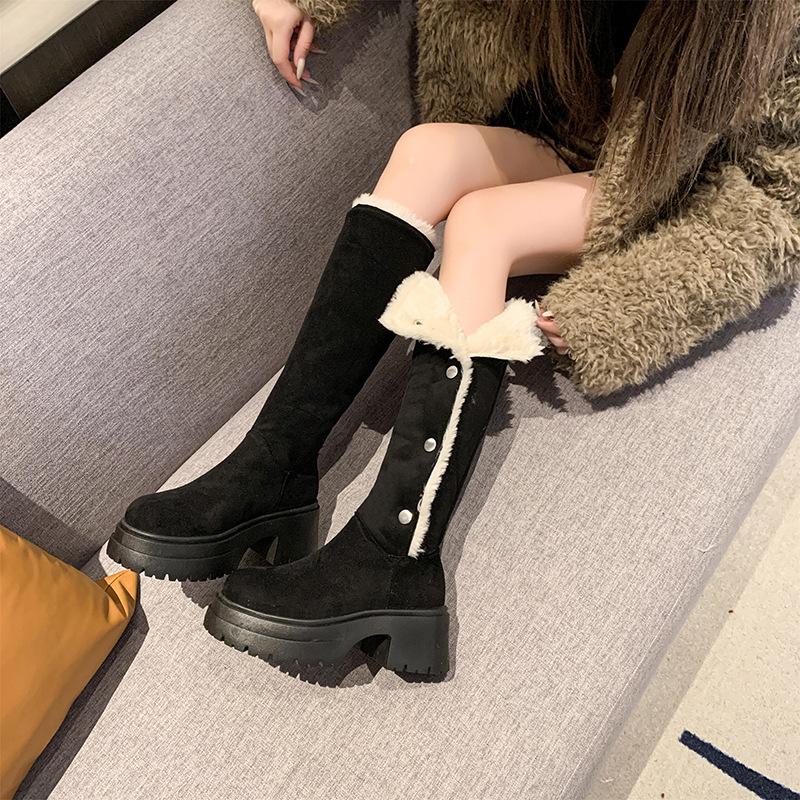 Fashion Design Thick Sole Height Increase Long Boots Women Suede Mid Calf Knight Boots Chunky Heel Warm Western Boots Casual Women Shoes