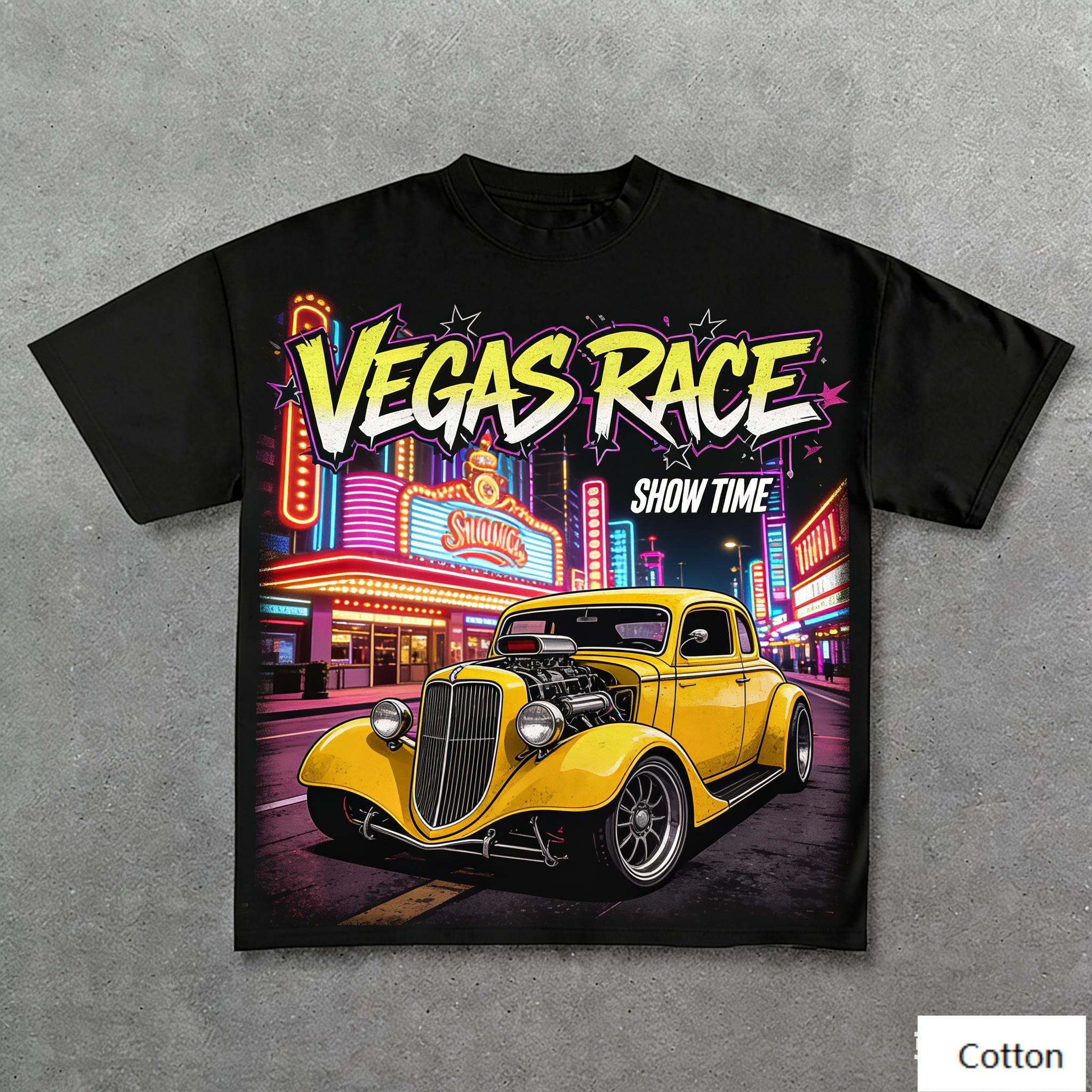 

Oversized Black Cotton TShirt with Bold Vegas Race Hot Rod Graphic Unisex Streetwear Tee for Unisex and Women S