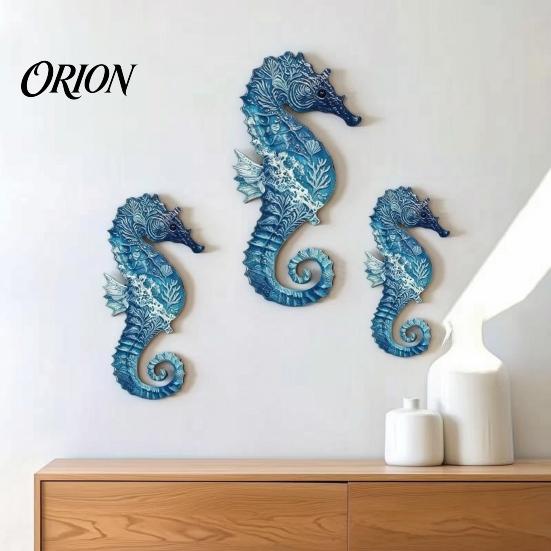 Gift for Ocean Lovers 3Pcs Wooden Seahorse Wall Decor, Coastal Home Sculpture, 2D Flat Bedroom Living Room Art Mediterranean Style Hanging Bathroom