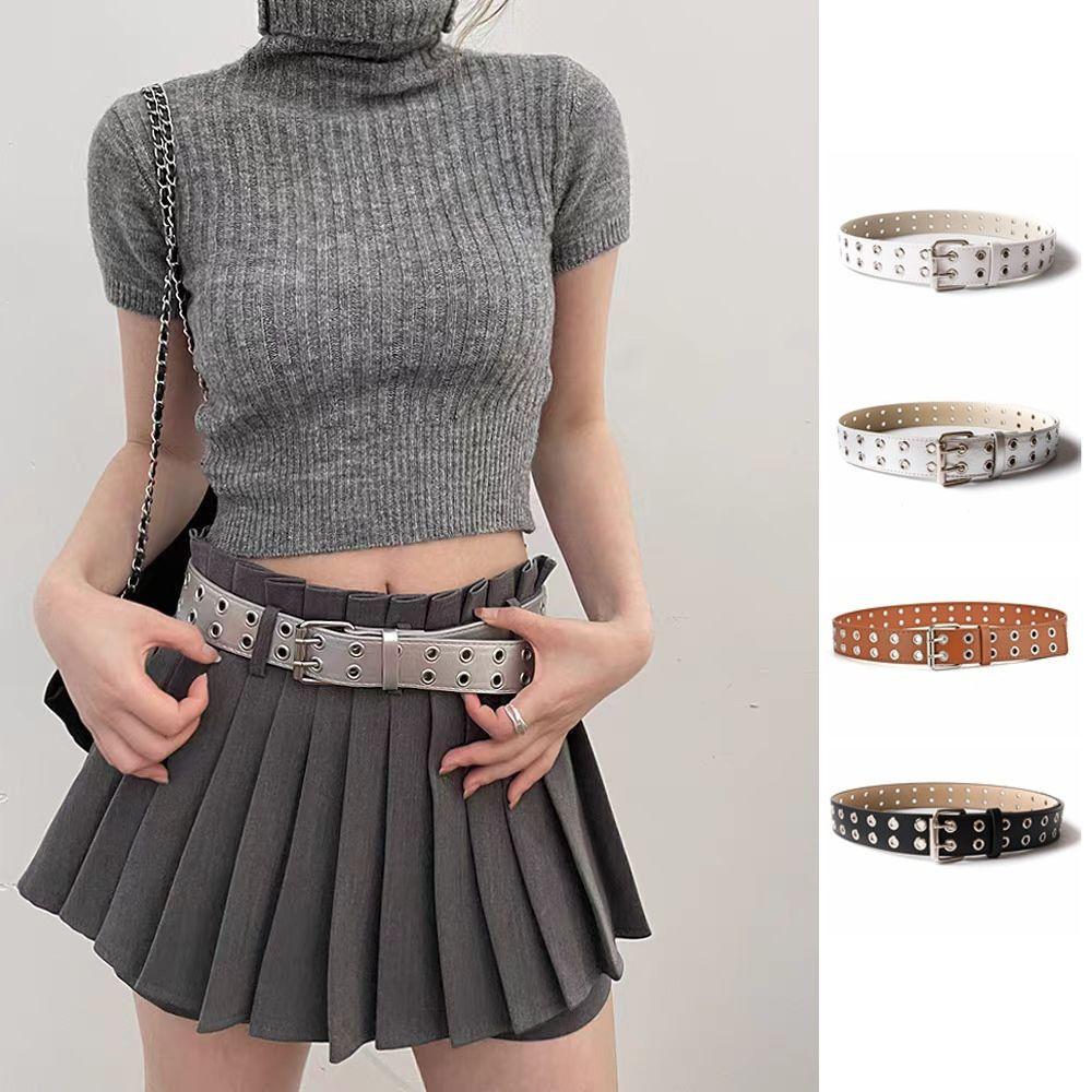 Punk Double Row Hole Belt Metal Buckle Hip-hop Waist Belt PU Leather Star Waistbands Female/Girls