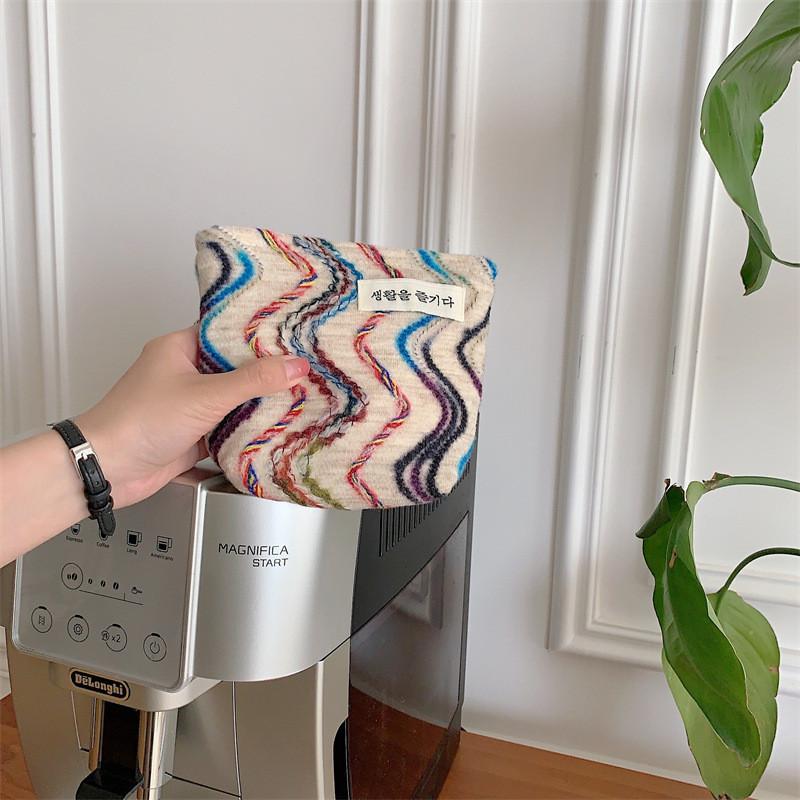 Stylish Korean Rainbow Stripe Retro Minimalist Portable Small Storage Bag Hand-held Cosmetic Bag Coin Purse StyleA