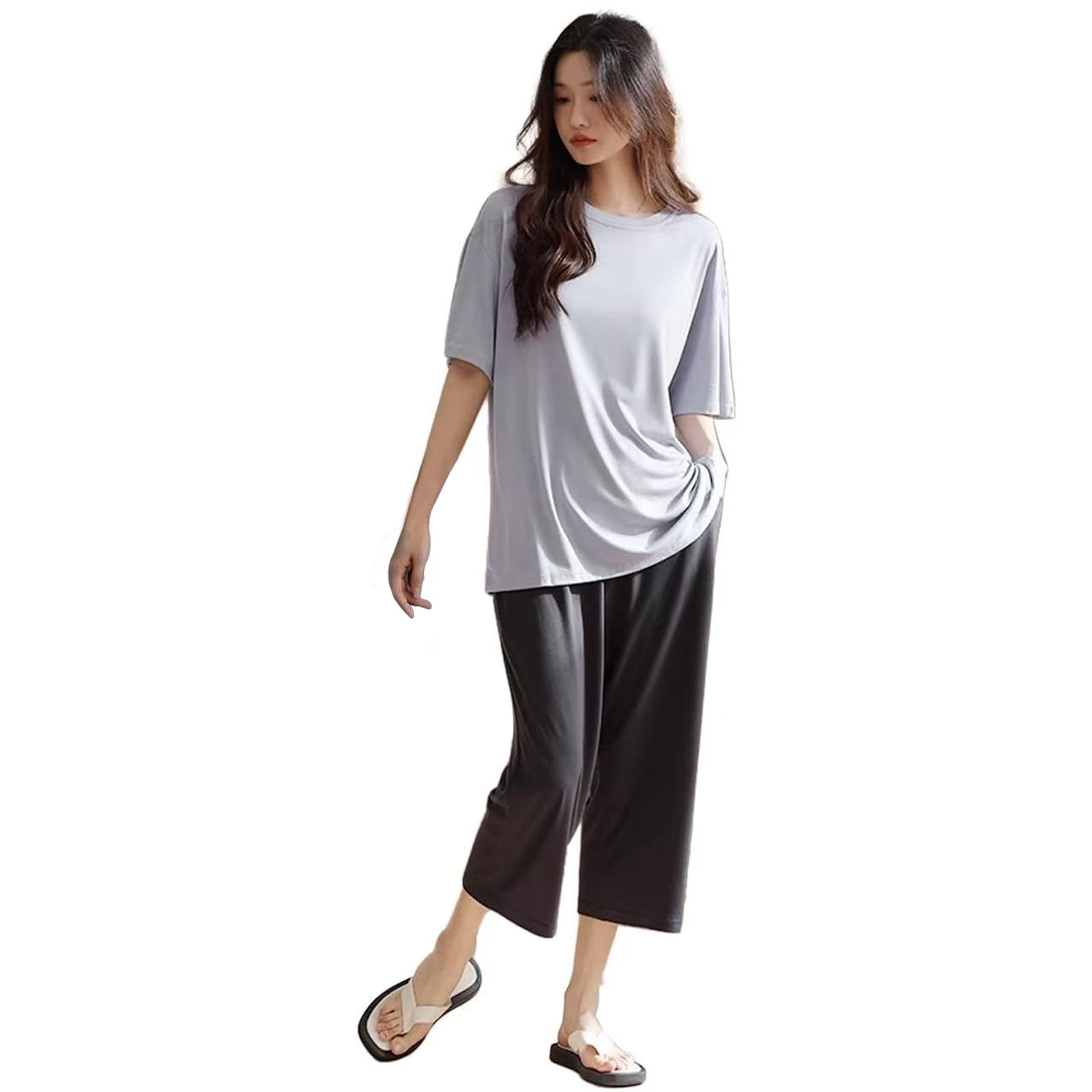 

PeiYA Short Sleeve Modal Pajama Loose Summer Women s Set, Fit, (Light Purple/Dark Gray, XL)