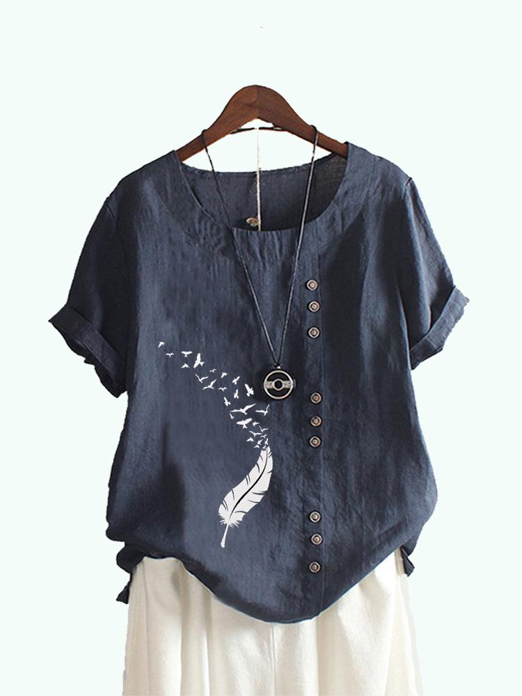 Women Fashion Round Collar Floral Print T-shirt Casual Short Sleeve Top Ladies Loose Blouses