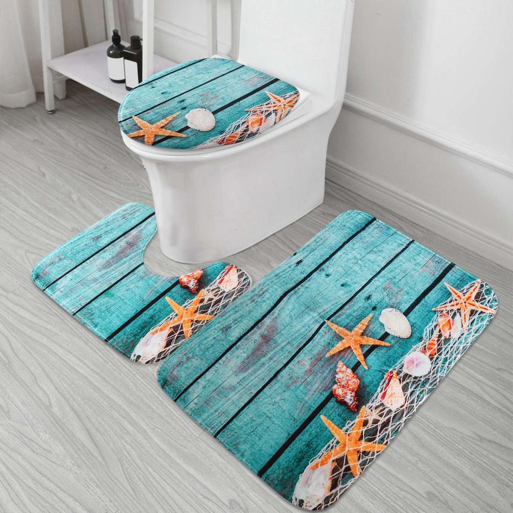 A11E-Beach Seashells Starfish Sand Bath Mat Holidays Summer Bathroom Carpet Rug Non-Slip 3 Piece Toilet Mat Set Starfish Floor