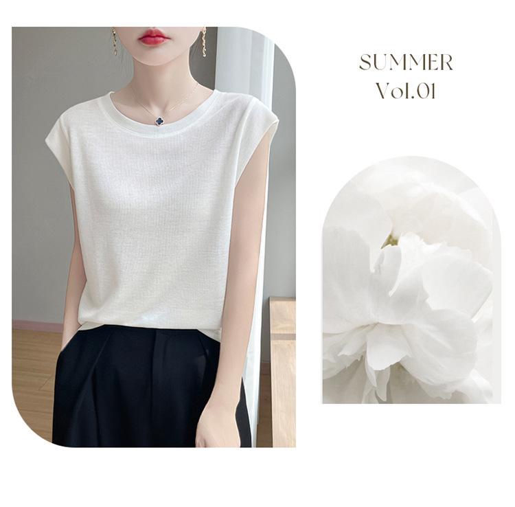 2026 Spring Women's Puff Sleeve Knit T-Shirt - Solid Color, Round Neck