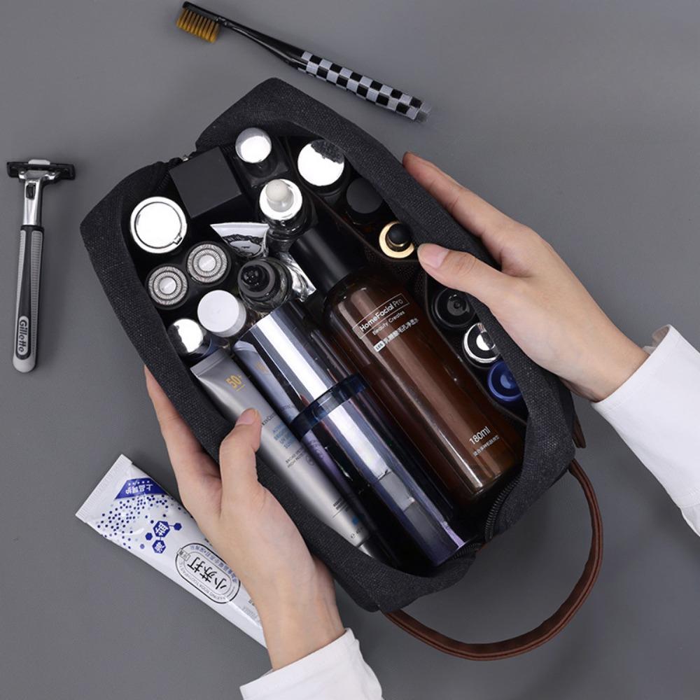 Large Capacity Leather Canvas Men Wash Shaving Women Toiletry Storage Waterproof Makeup Travel Organizer Retro Cosmetic Bag 2025
