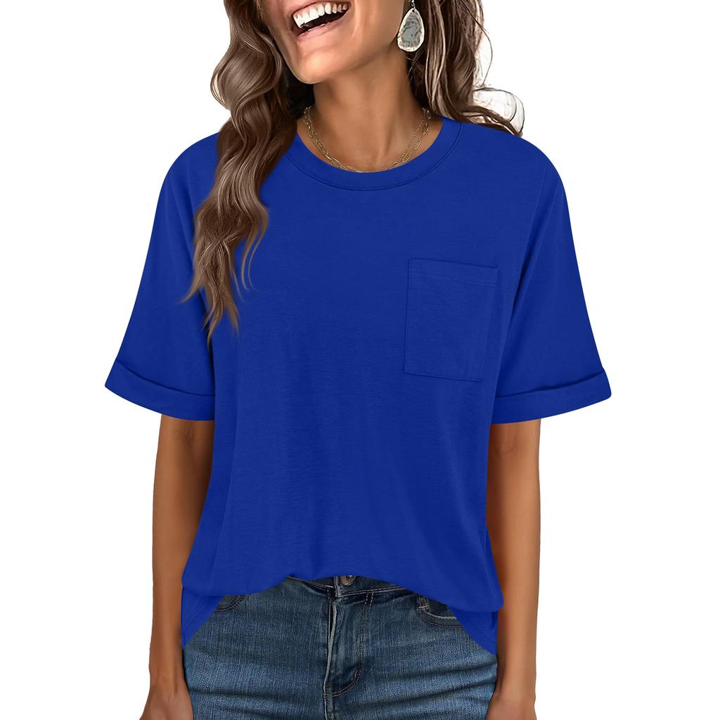 Women Casual Loose Fit Crew Neck Short Sleeve T Shirt with Pocket Comfortable Relaxed Style Lightweight Top for Daily Wear