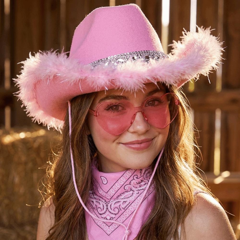 Fluffy Trim Bandana Heart-Shaped Glasses Pink Halloween Costume Accessories Set Cowboy Hat Women