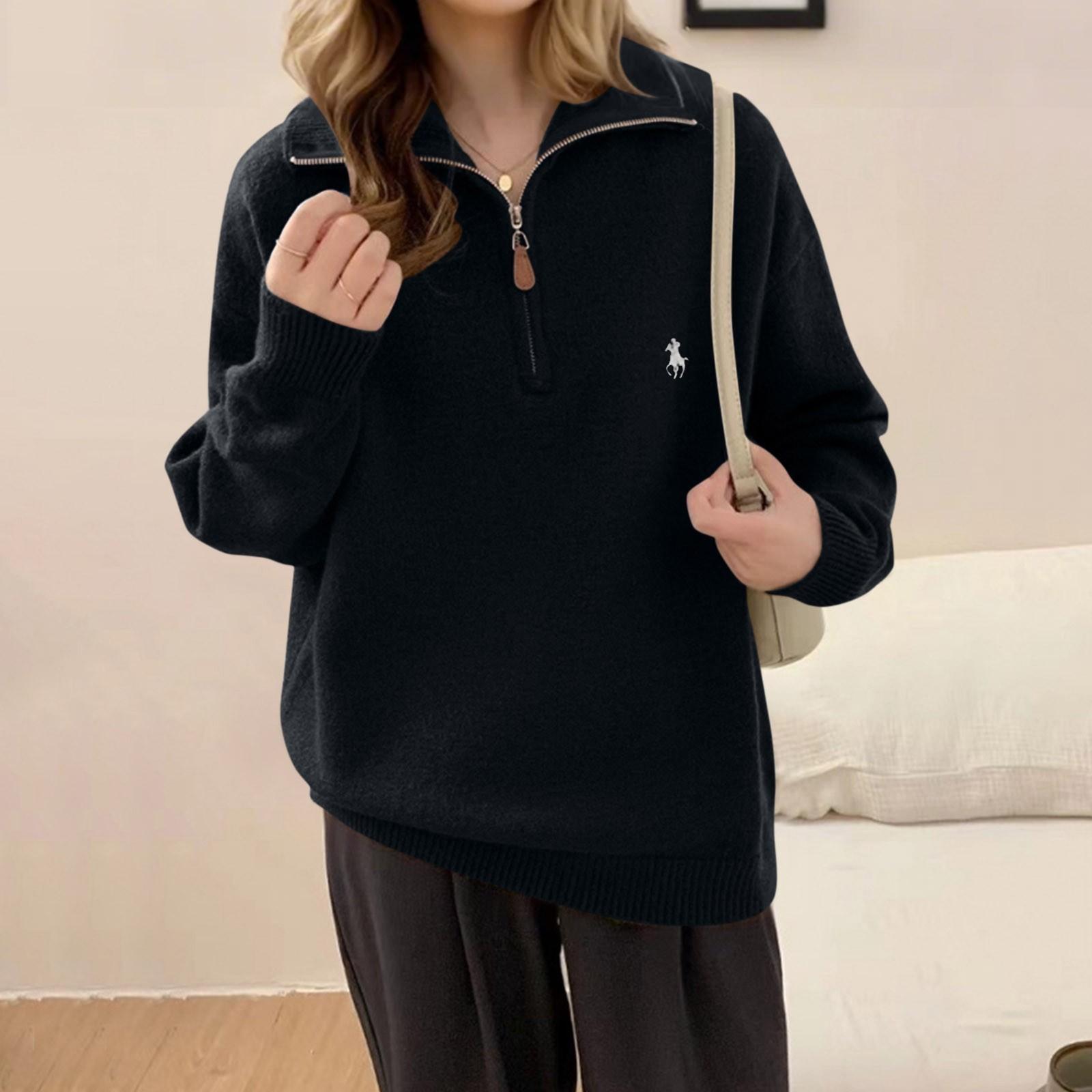 

Женский зимний свитер-пуловер с полумолнией и лацканами One Size чёрный