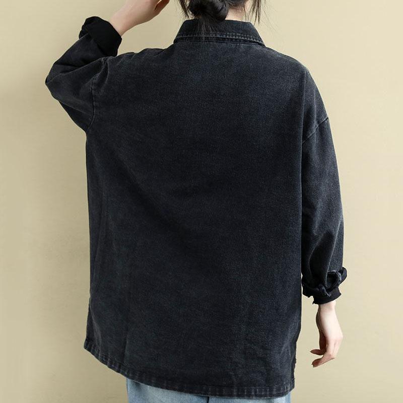 Frühling und Herbst Retro Lose Literarischen Langarm-shirt Revers Nähte Druck All-match Casual Denim Top