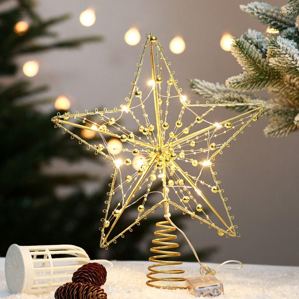 Gold Iron Xmas Tree Ornaments Pearl Wire LED Glowing Star Lamp New Home Decoration Party Decor