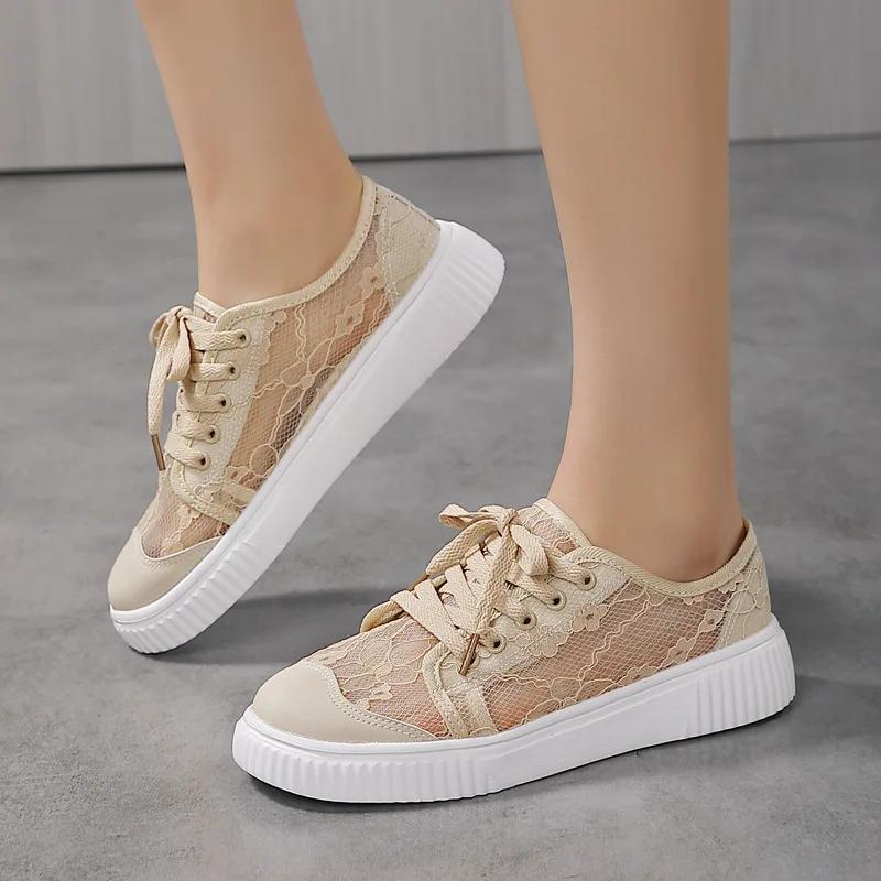 Summer Women Lace Casual Shoes Woman Breathable Mesh Sneakers Flats Platform Floral Loafers Comfort Shallow Walking Black Shoes