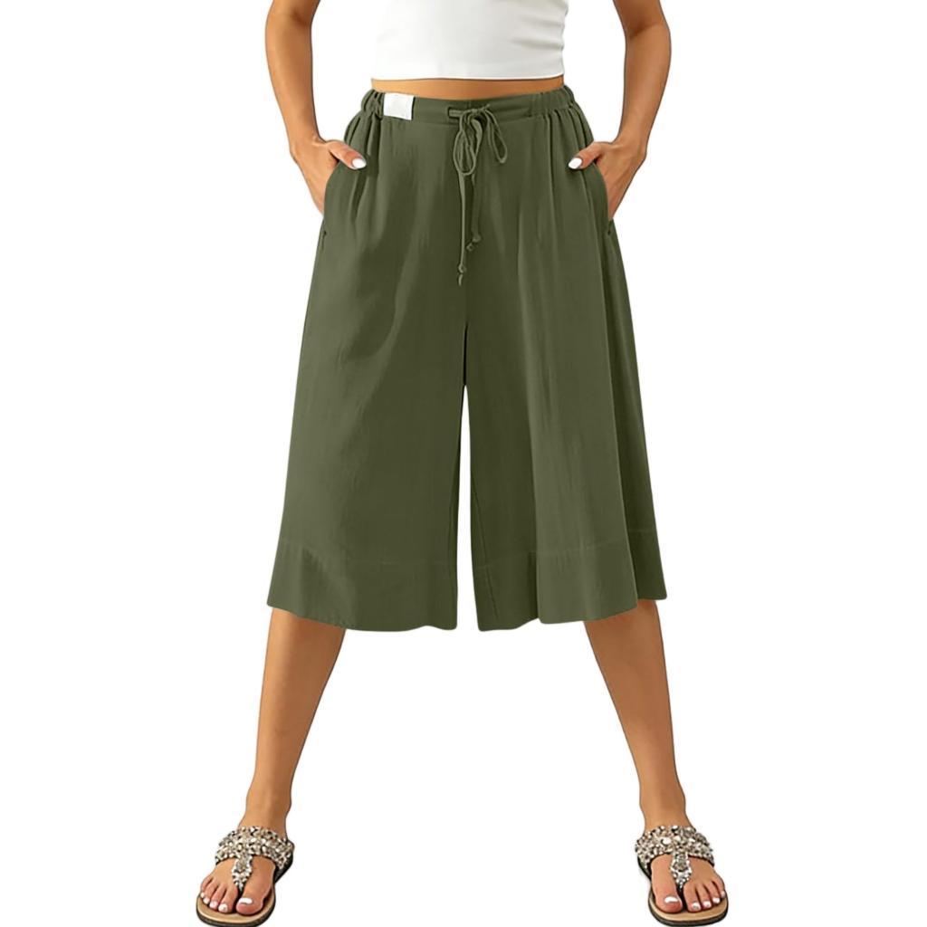 Women’s Wide Leg Culottes Drawstring Waist Loose Fit Pleated Midi Skirt Pants Soft Lightweight Fabric