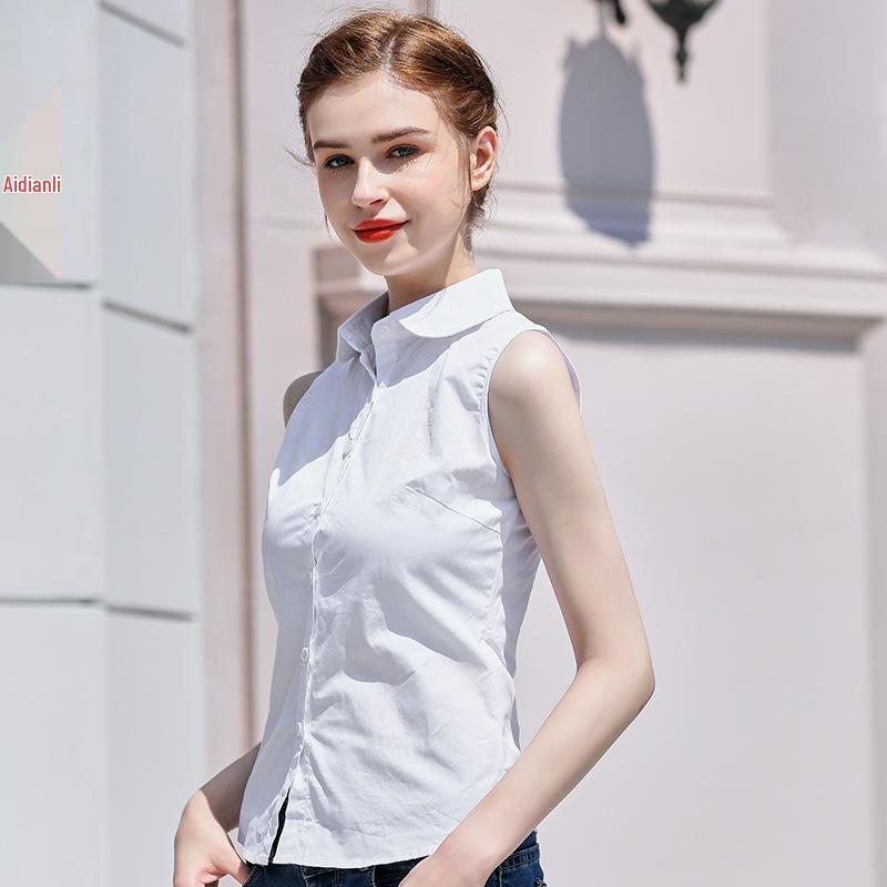 Women's White Sleeveless Slim Fit Korean-Style Blouse - Professional Summer Cotton Top