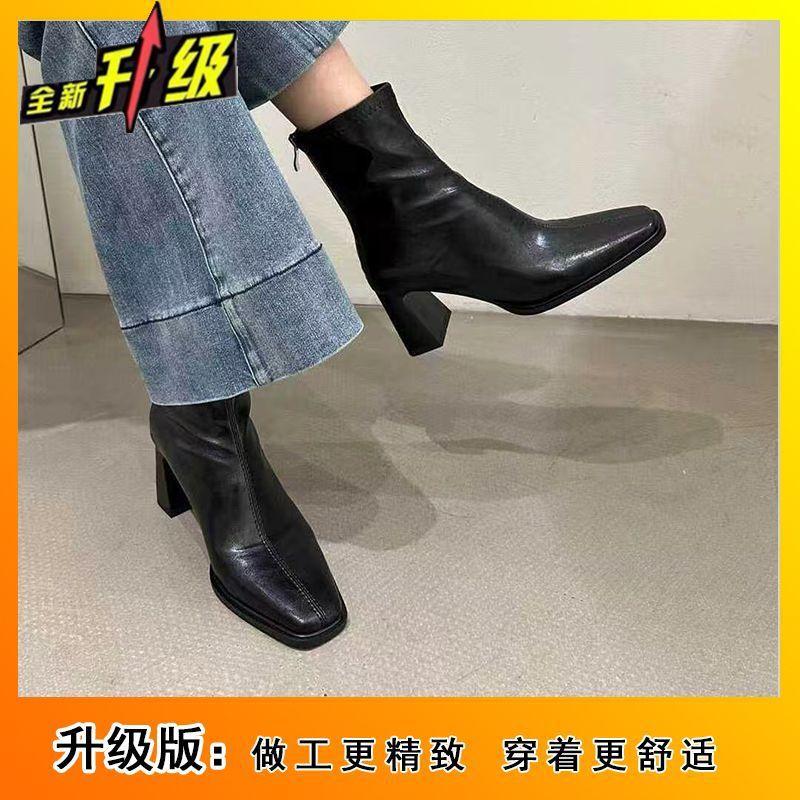 Niche Comfortable Square Head Back Zipper Thick Heel Skinny Boots Season Fashion Versatile Martin Boots Children 35