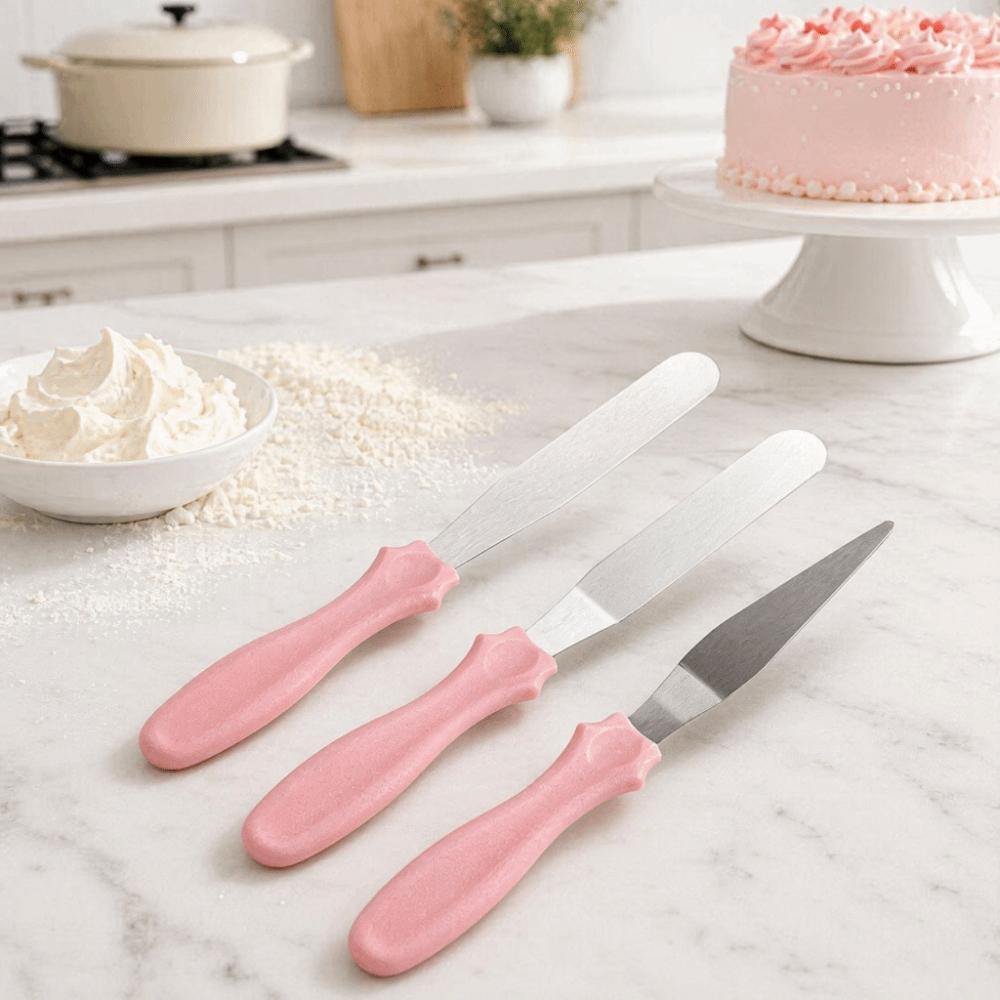 3PCS Stainless Steel Cake Cream Spatulas Different Blade Shapes Angled Rounded Blade Tips Baking Spatulas Set Food Grade PP