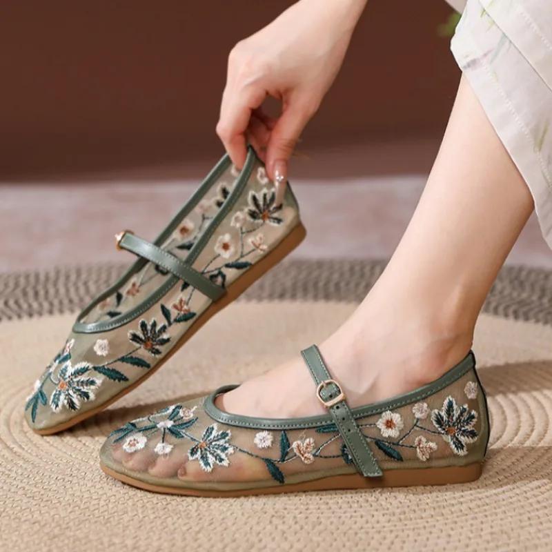 Breathable Mesh Women Ballet Flats Flower Embroidered Mary Jane Shoes Woman for Ladies Casual Round Toe Brand Designer Footwear