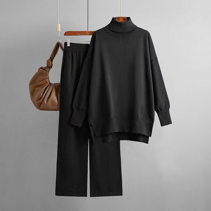 

Fashion Knitting Turtleneck Sweater Pants Suit Knited High Neck Sweater Pants Set Black All yards