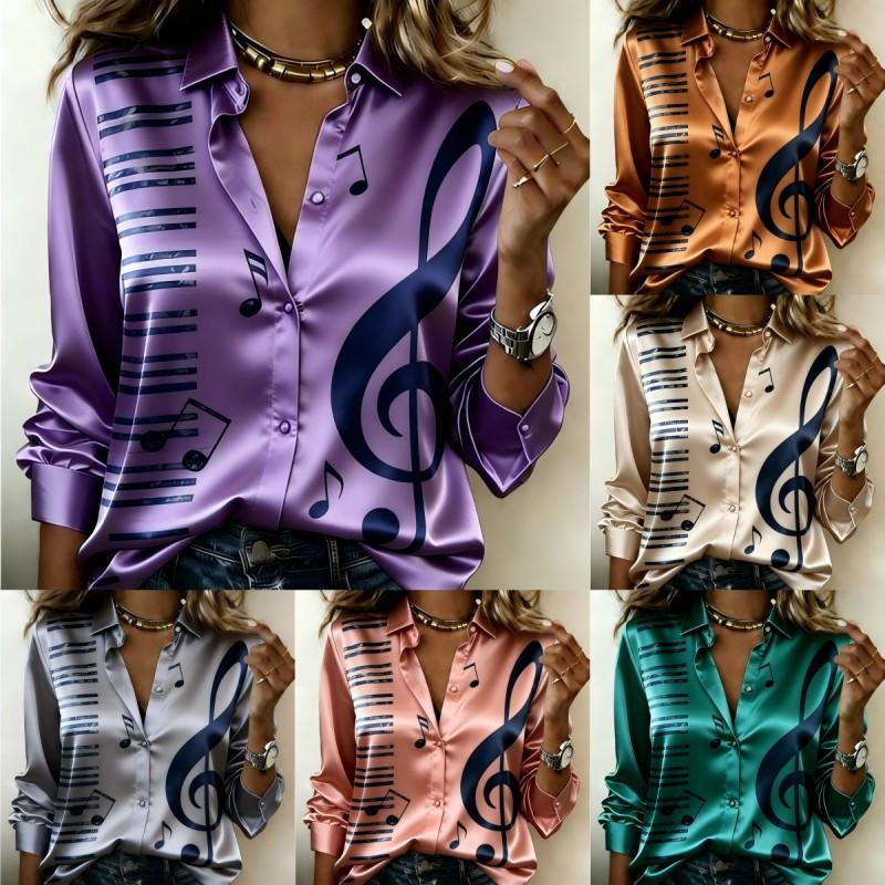 Women Satin Long Sleeve Shirt Music Note Print Blouse Lapel Single Breasted Loose Office Tops